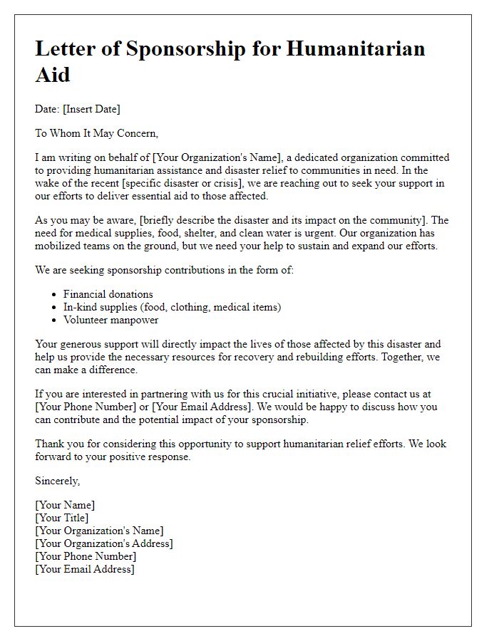 Letter template of humanitarian aid sponsorship for disaster relief efforts.