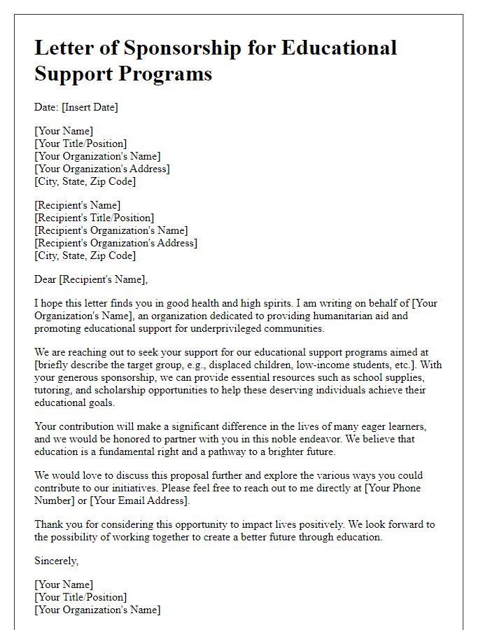 Letter template of humanitarian aid sponsorship for educational support programs.