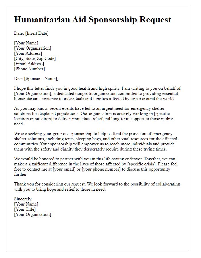 Letter template of humanitarian aid sponsorship for emergency shelter solutions.