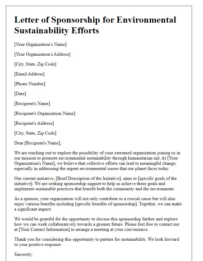 Letter template of humanitarian aid sponsorship for environmental sustainability efforts.