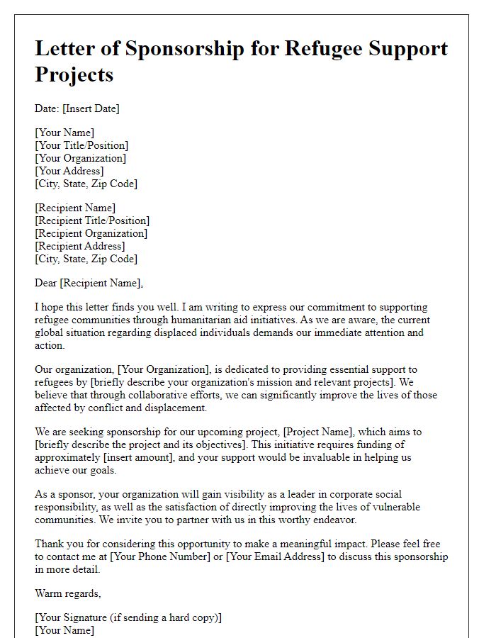 Letter template of humanitarian aid sponsorship for refugee support projects.