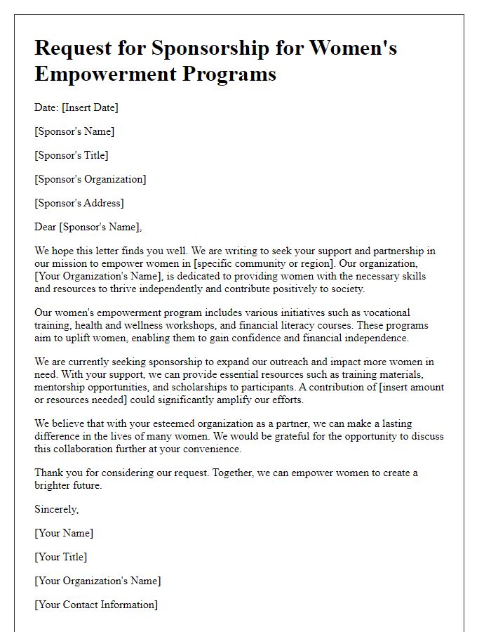 Letter template of humanitarian aid sponsorship for women's empowerment programs.