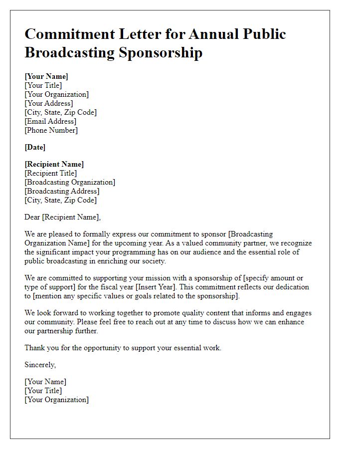 Letter template of commitment for annual public broadcasting sponsorship