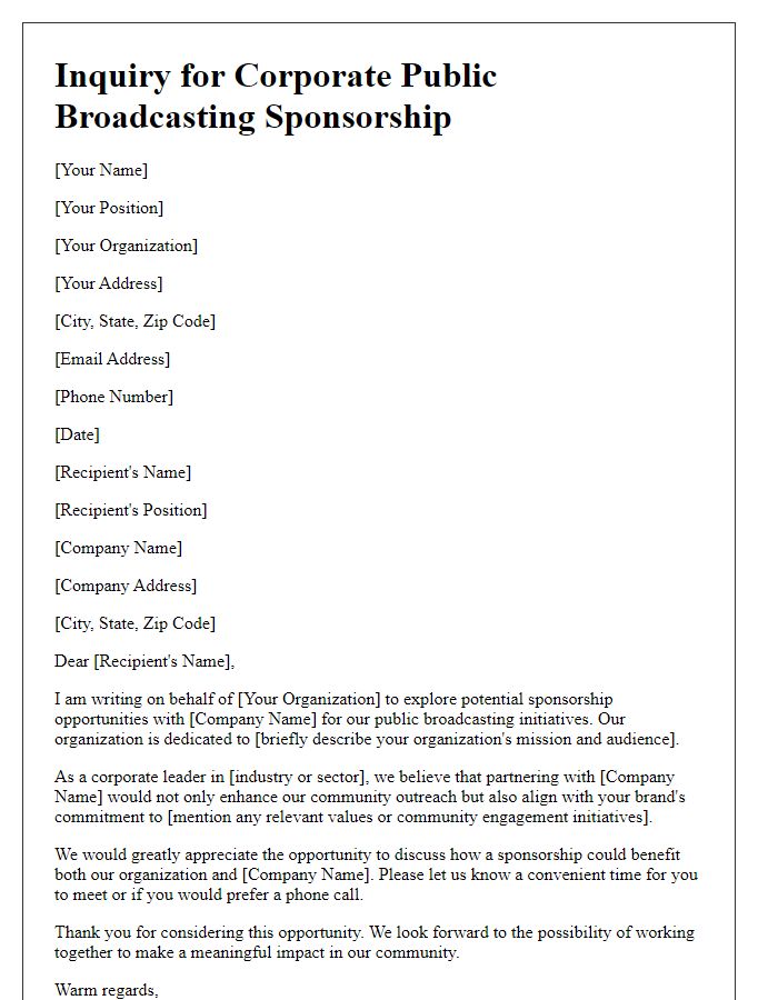 Letter template of inquiry for corporate public broadcasting sponsorship