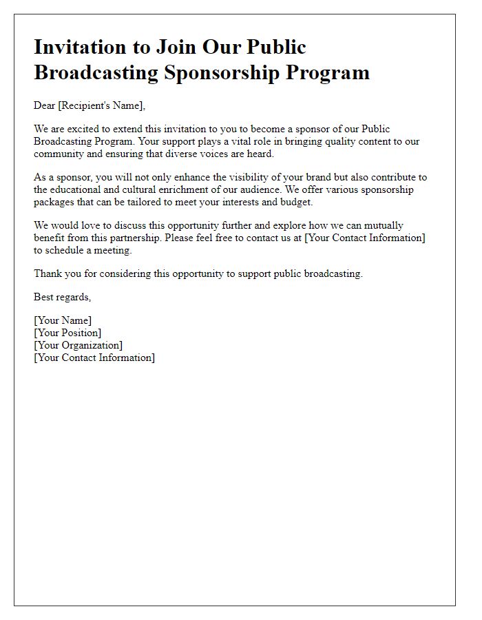 Letter template of invitation to join public broadcasting sponsorship program