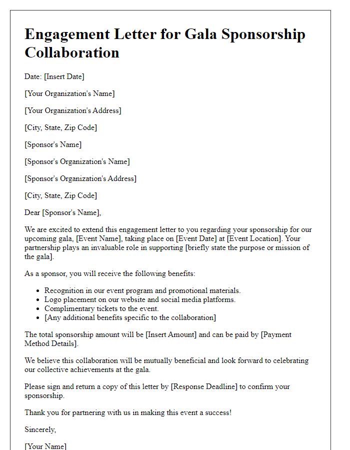 Letter template of engagement letter for gala sponsorship collaboration