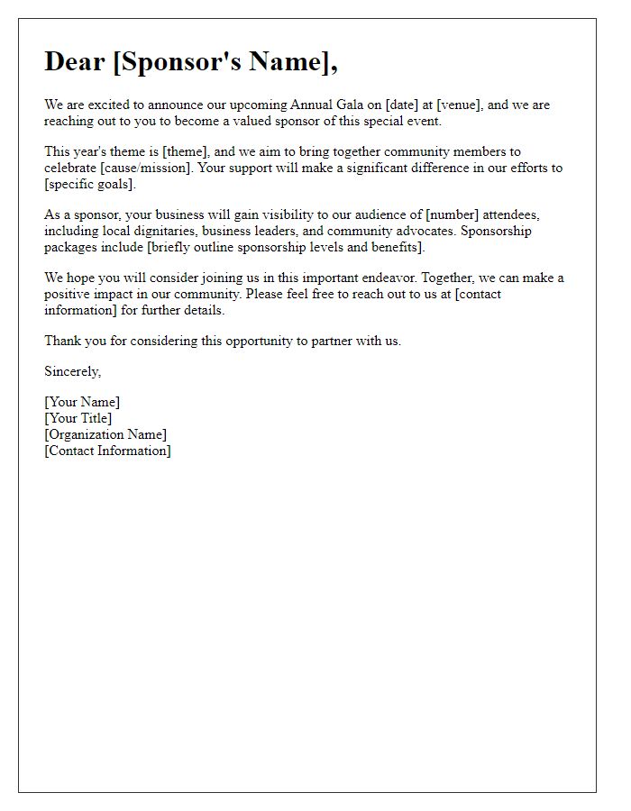 Letter template of gala sponsorship appeal for community support