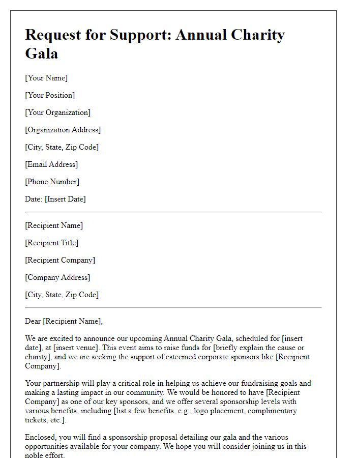 Letter template of gala support request for corporate sponsors