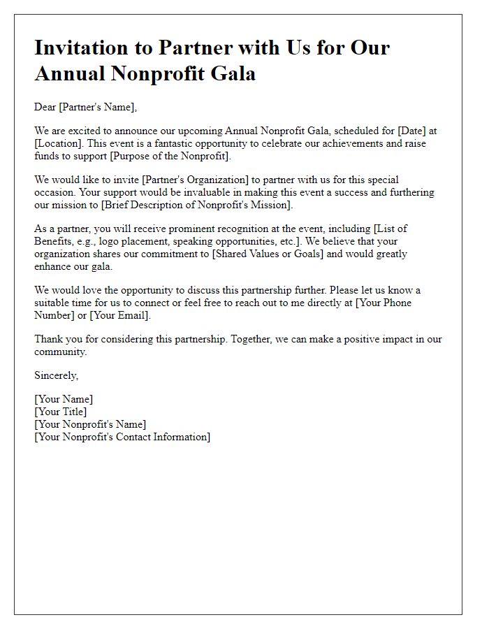 Letter template of partnership invitation for annual nonprofit gala