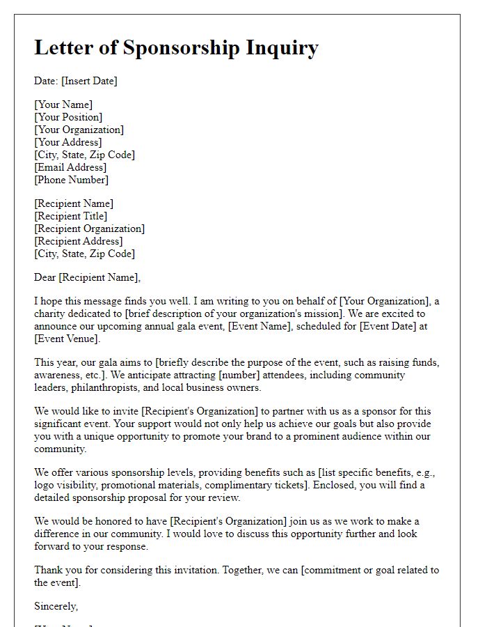 Letter template of sponsorship inquiry for charity gala event