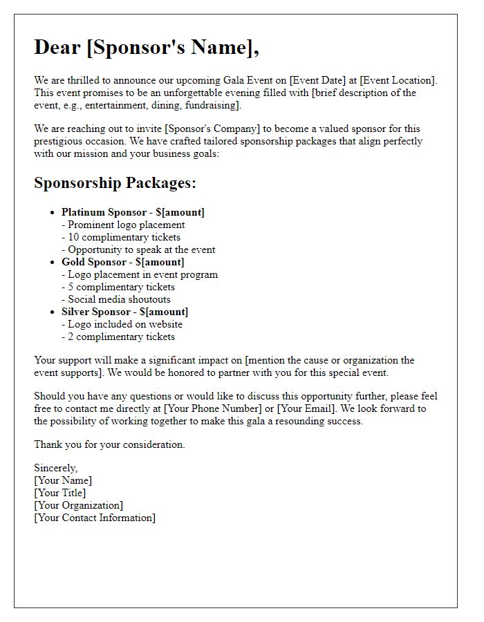 Letter template of tailored sponsorship packages for gala event