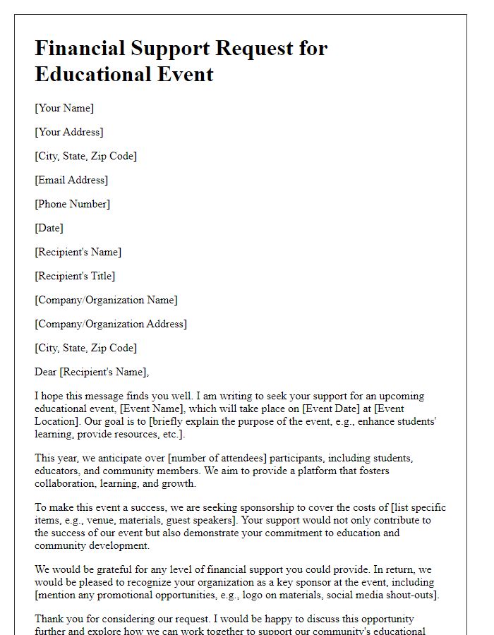 Letter template of financial support request for educational event sponsorship.