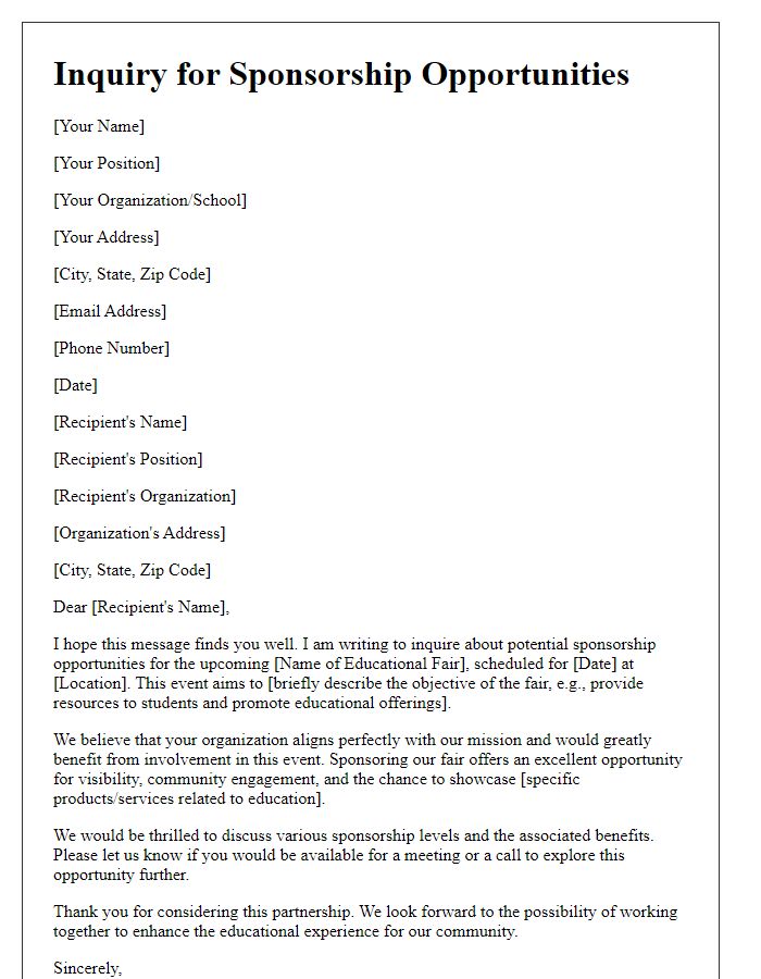 Letter template of inquiry for sponsorship opportunities at educational fair.