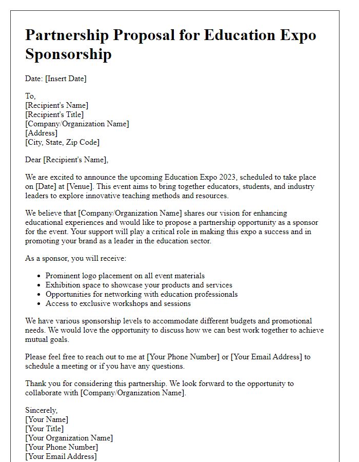 Letter template of partnership proposal for education expo sponsorship.