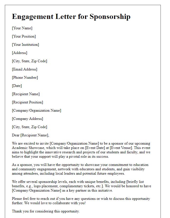 Letter template of sponsorship engagement for academic showcase.