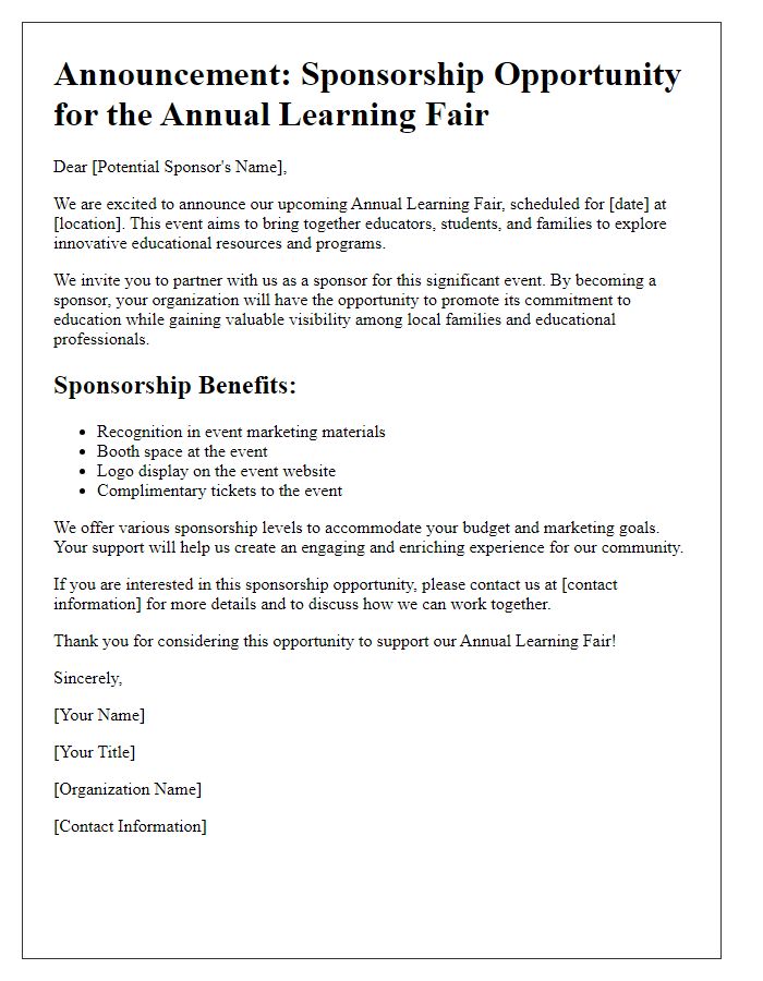 Letter template of sponsorship opportunity announcement for learning fair.