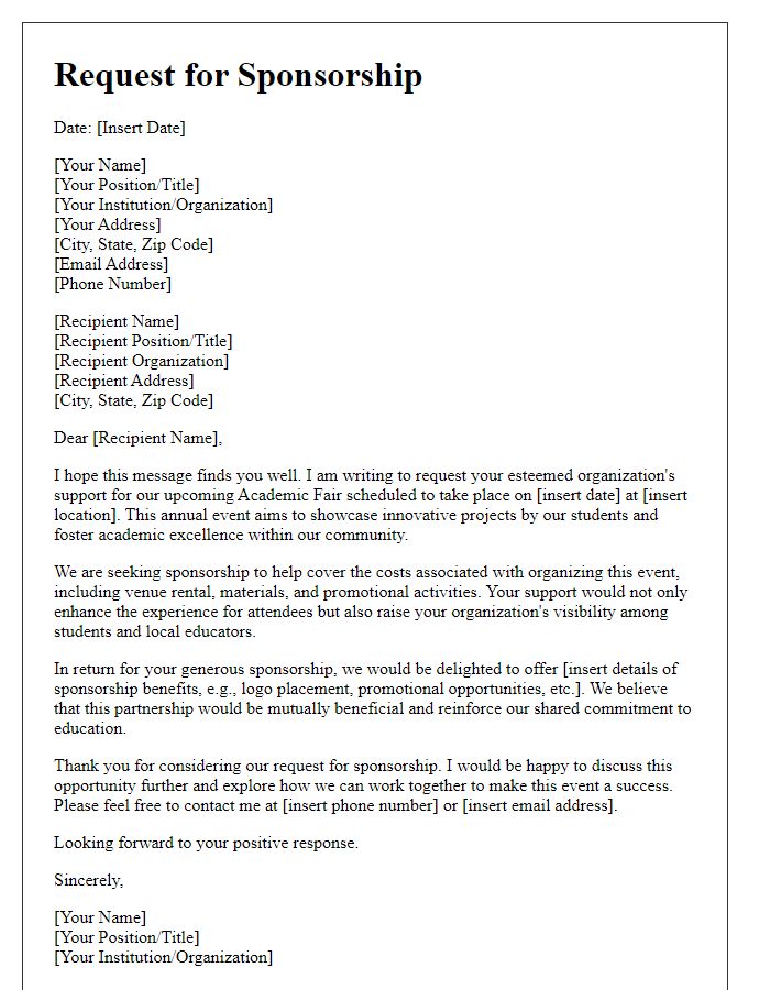 Letter template of support request for academic fair sponsorship.