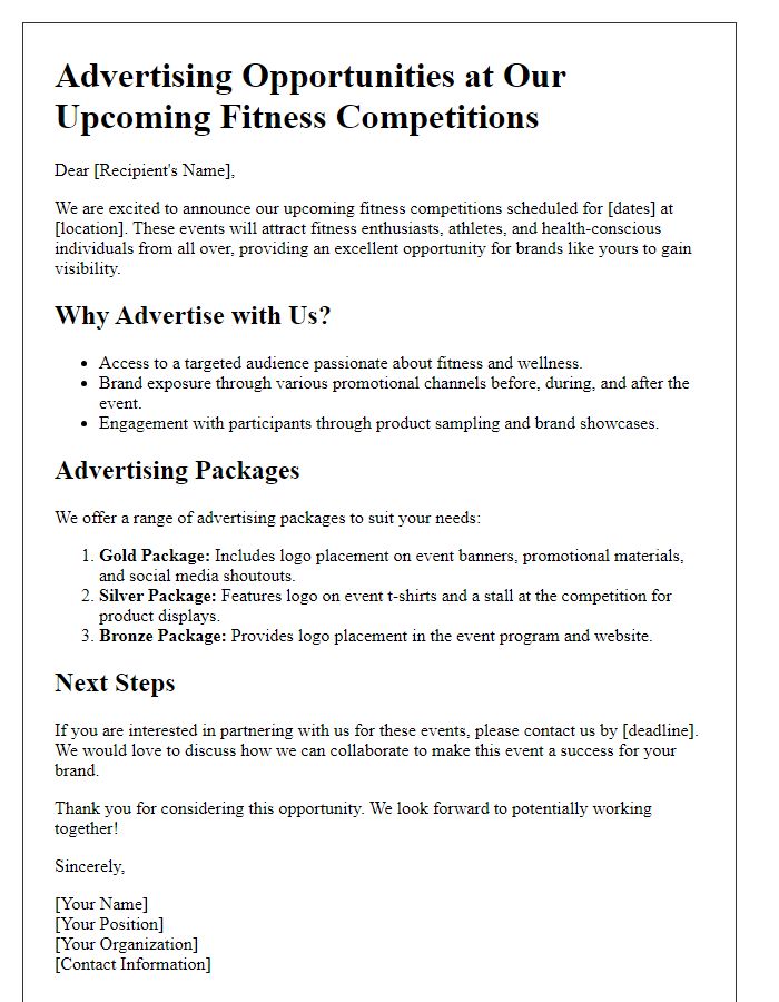 Letter template of advertising opportunities at fitness competitions