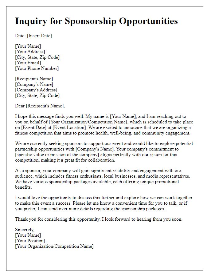 Letter template of inquiry for fitness competition sponsorship opportunities