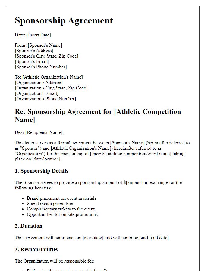 Letter template of sponsorship agreement for athletic competitions