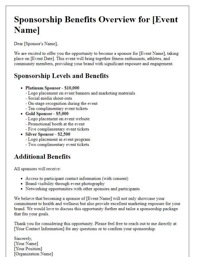 Letter template of sponsorship benefits overview for fitness events