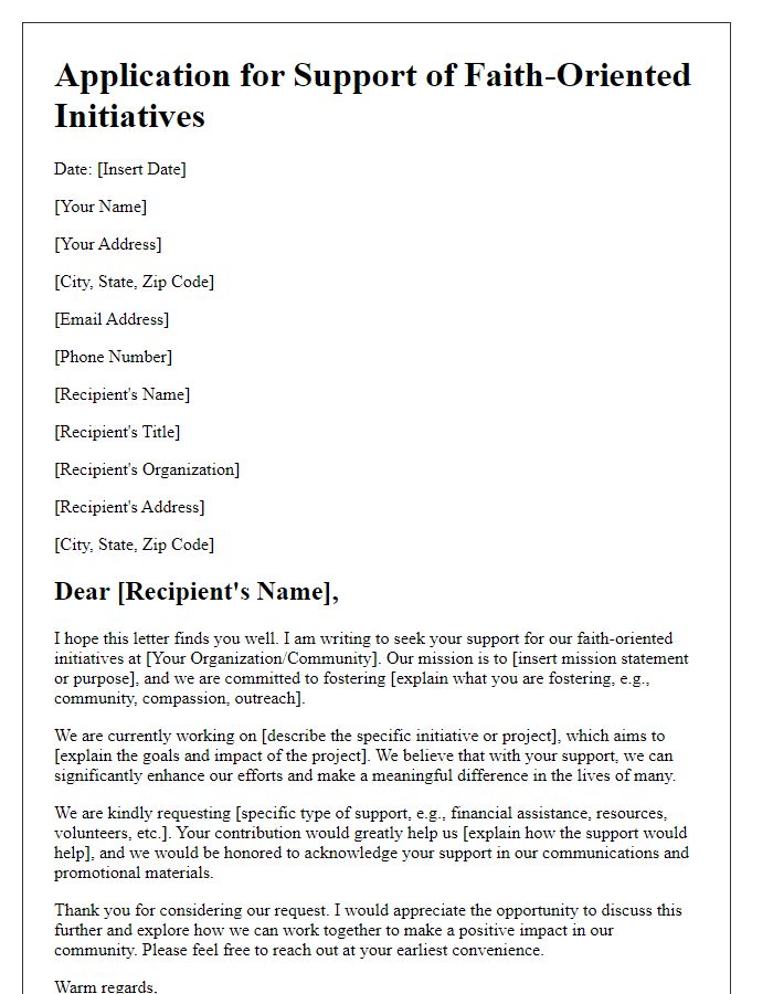 Letter template of application for support of faith-oriented initiatives