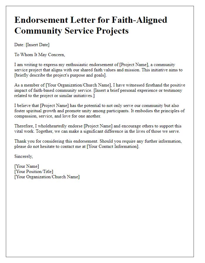 Letter template of endorsement for faith-aligned community service projects