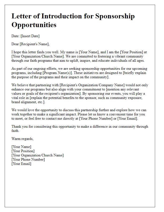 Letter template of introduction for sponsorship opportunities in faith programs