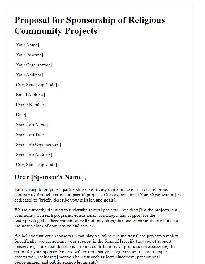 Letter template of proposal for sponsorship of religious community projects