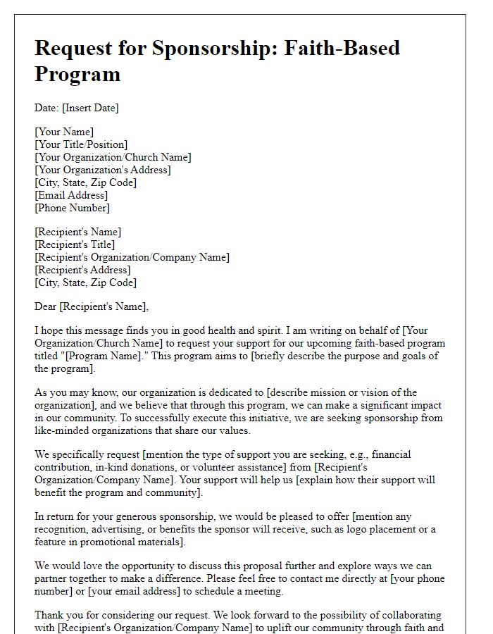 Letter template of request for faith-based program sponsorship