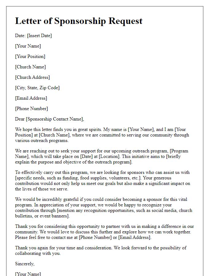 Letter template of sponsorship request for church outreach programs