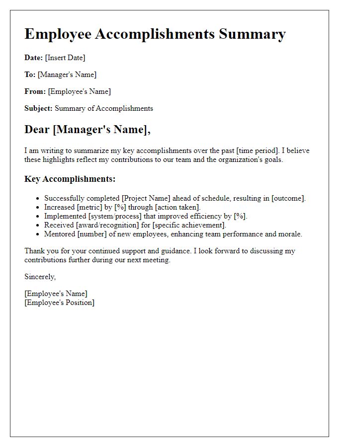 Letter template of employee accomplishments summary.