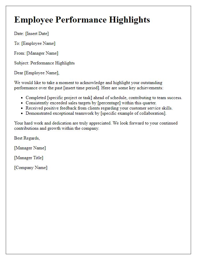 Letter template of employee performance highlights.