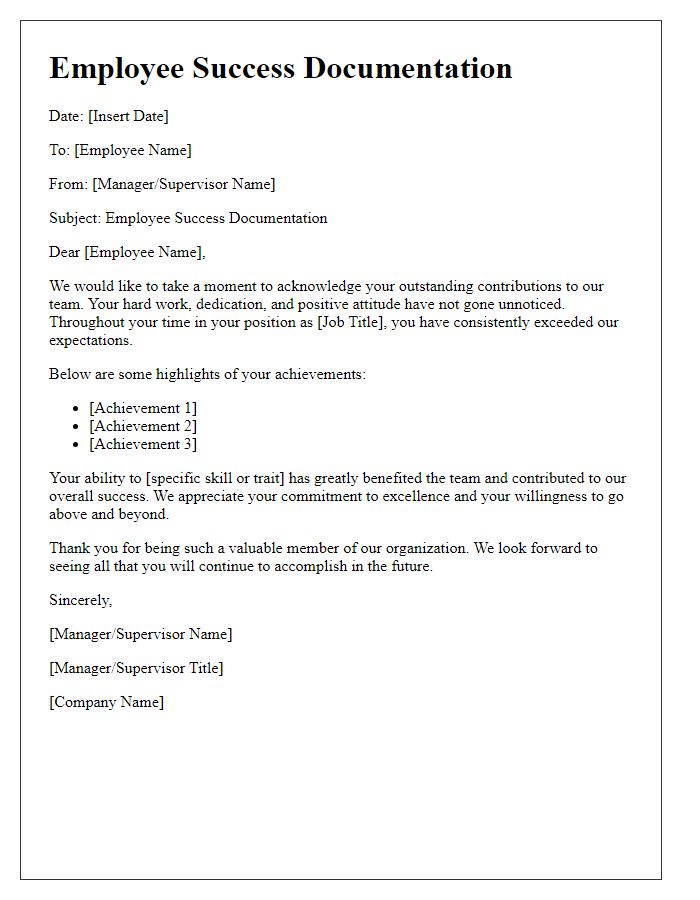 Letter template of employee success documentation.