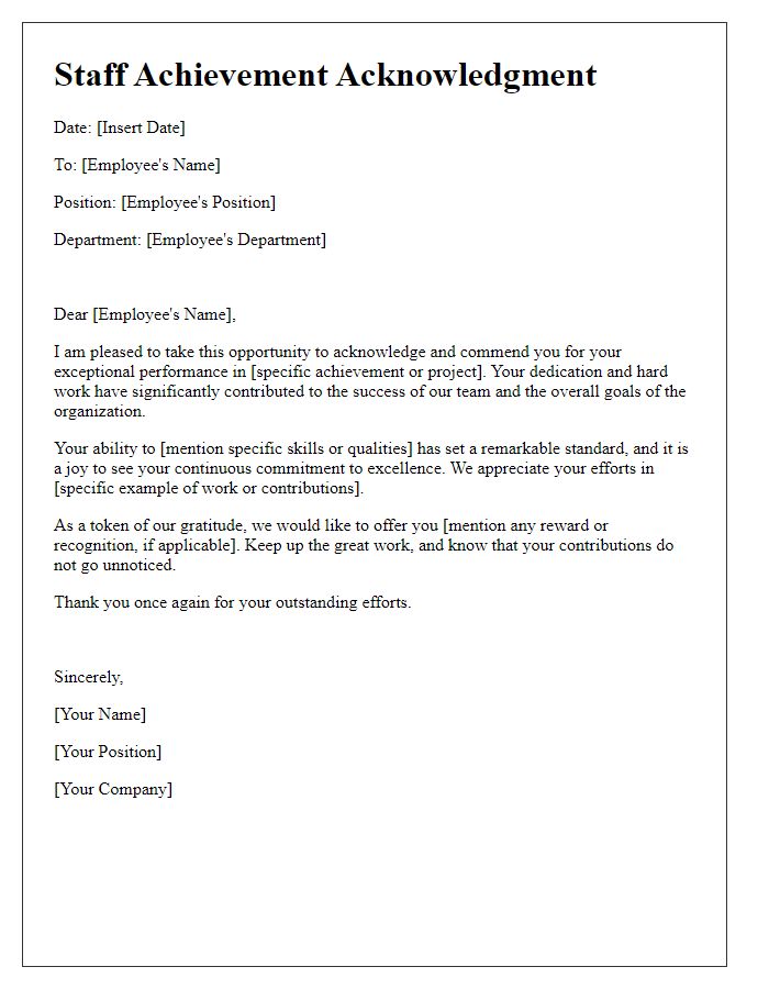 Letter template of staff achievement acknowledgment.