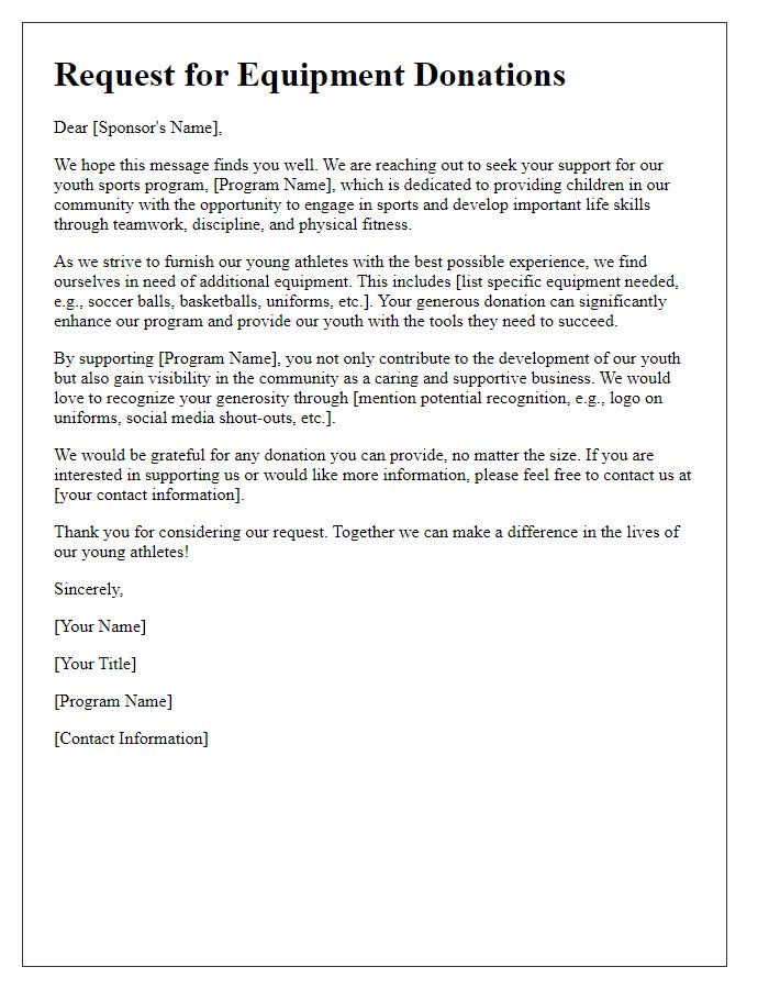 Letter template of youth sports sponsorship appeal for equipment donations.