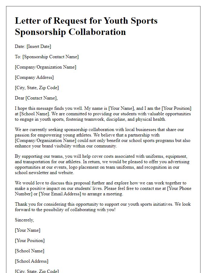 Letter template of youth sports sponsorship collaboration request for schools.