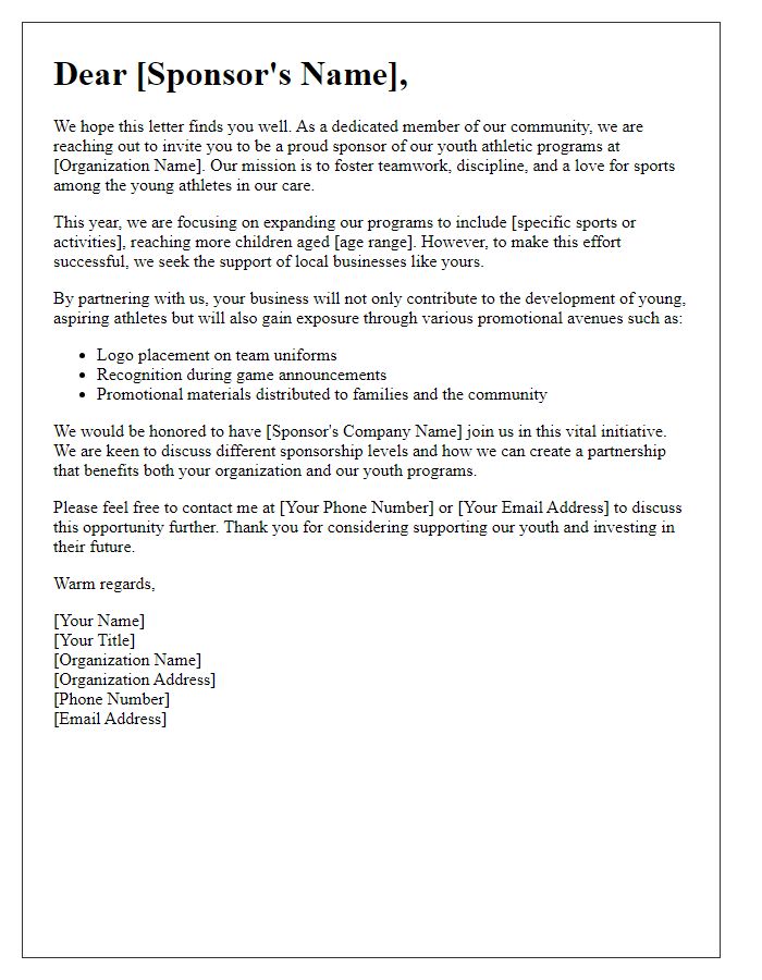 Letter template of youth sports sponsorship engagement letter for athletic programs.