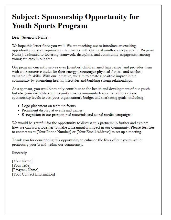 Letter template of youth sports sponsorship opportunity for community engagement.