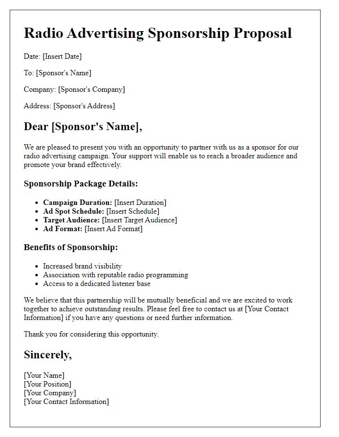 Letter template of radio advertising sponsorship details