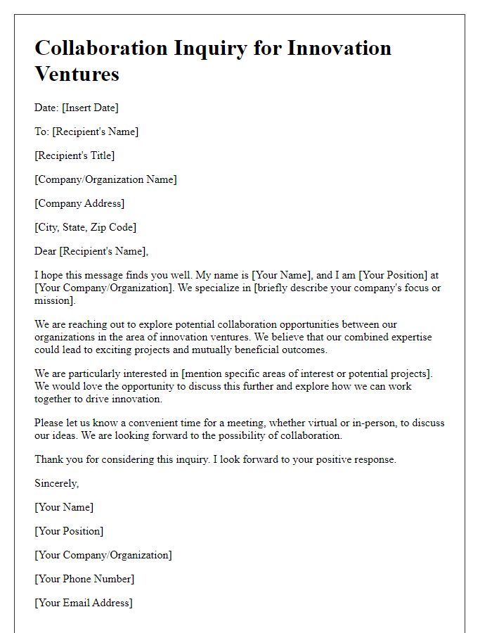 Letter template of collaboration inquiry for innovation ventures