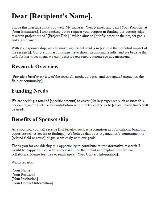 Letter template of sponsorship appeal for cutting-edge research