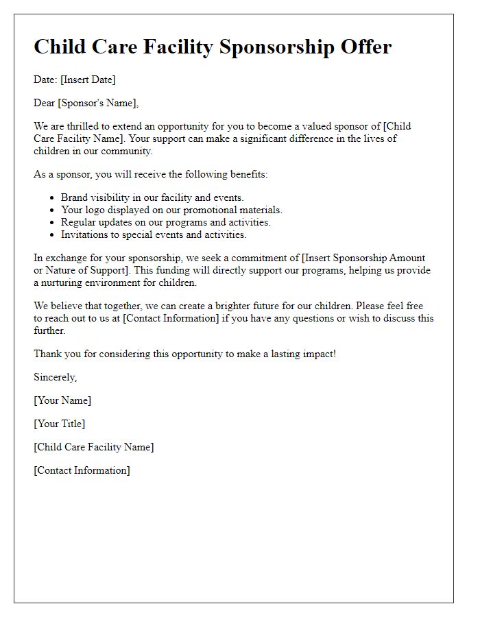 Letter template of child care facility sponsorship offer