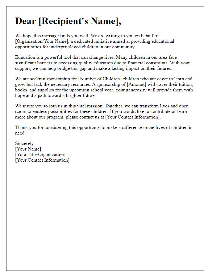 Letter template of children's education sponsorship plea