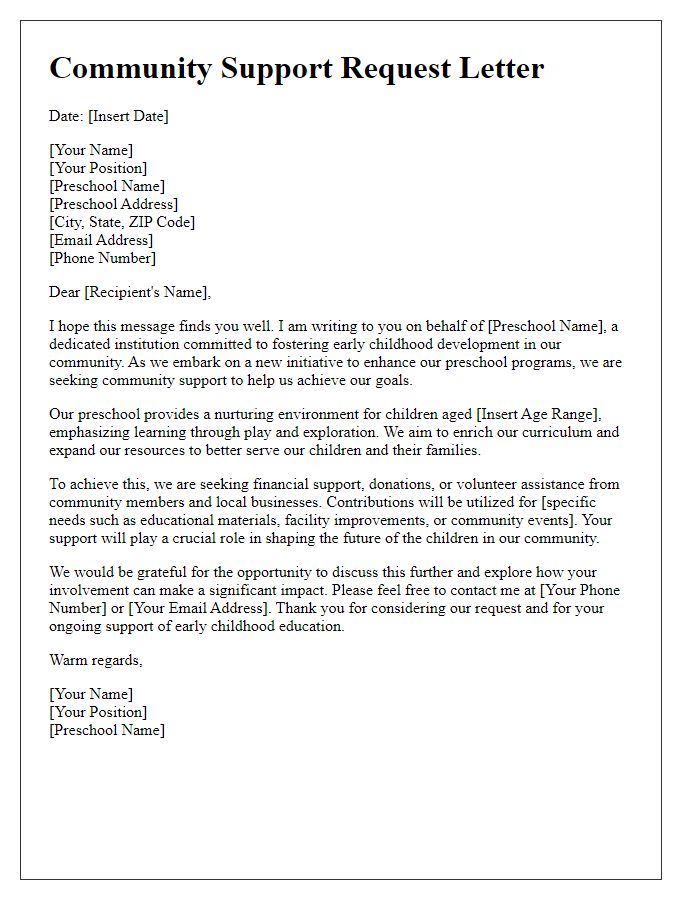 Letter template of community support request for preschool development