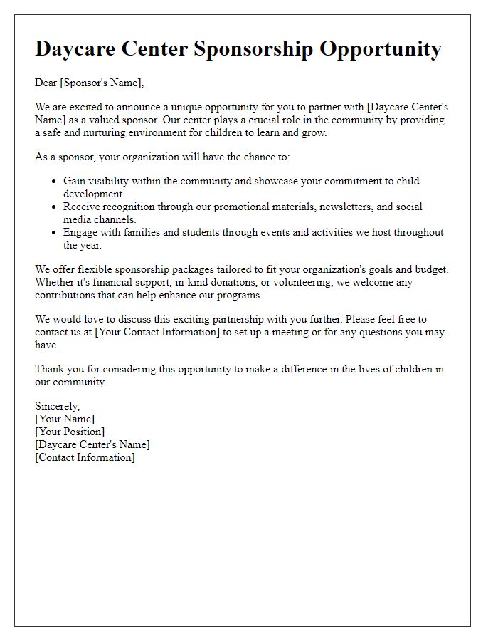 Letter template of daycare center sponsorship opportunity