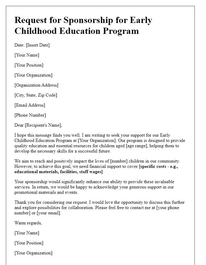 Letter template of early childhood education sponsorship request