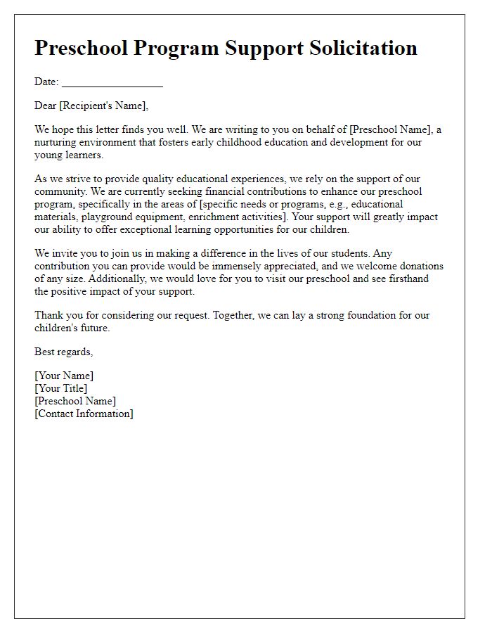 Letter template of preschool program support solicitation