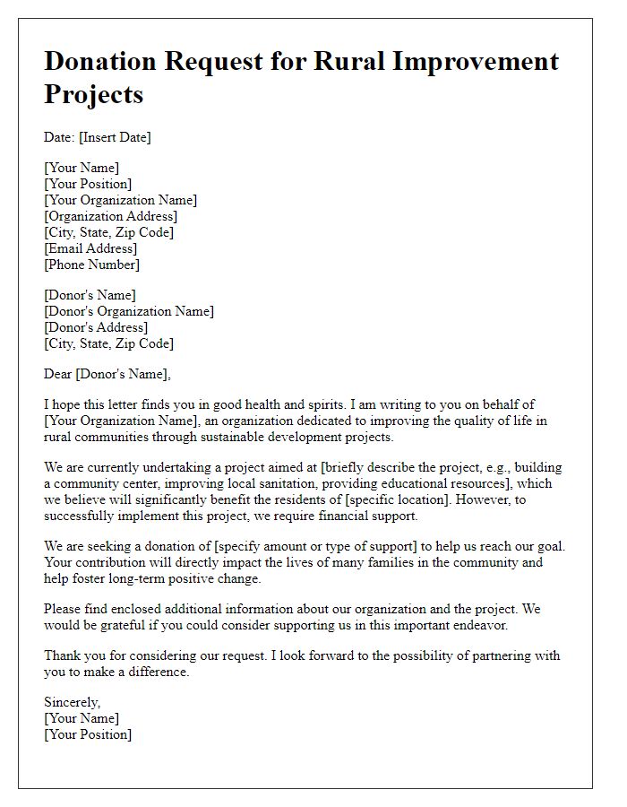 Letter template of donation request for rural improvement projects