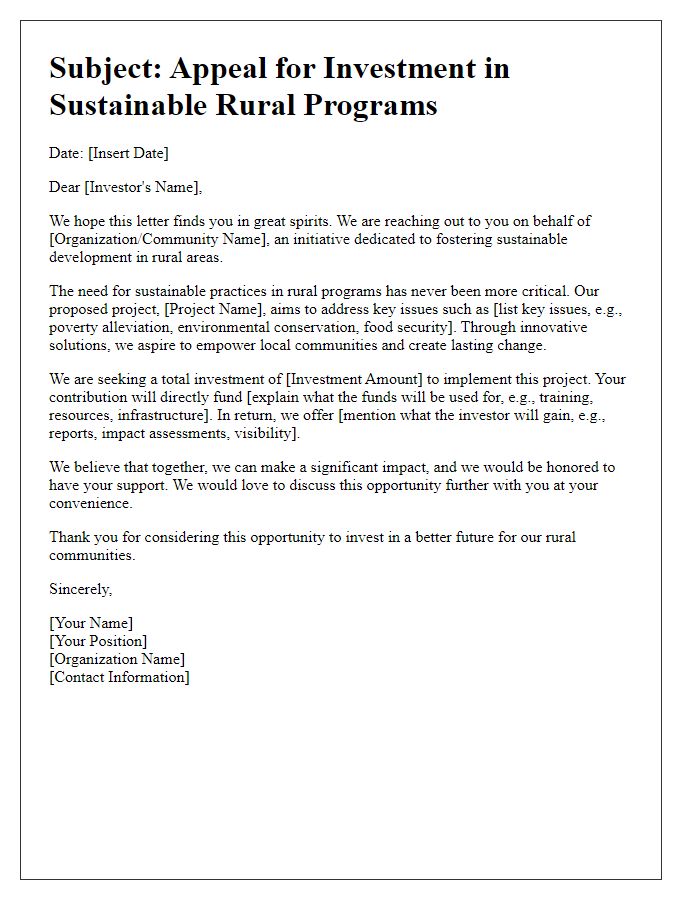 Letter template of investment appeal for sustainable rural programs